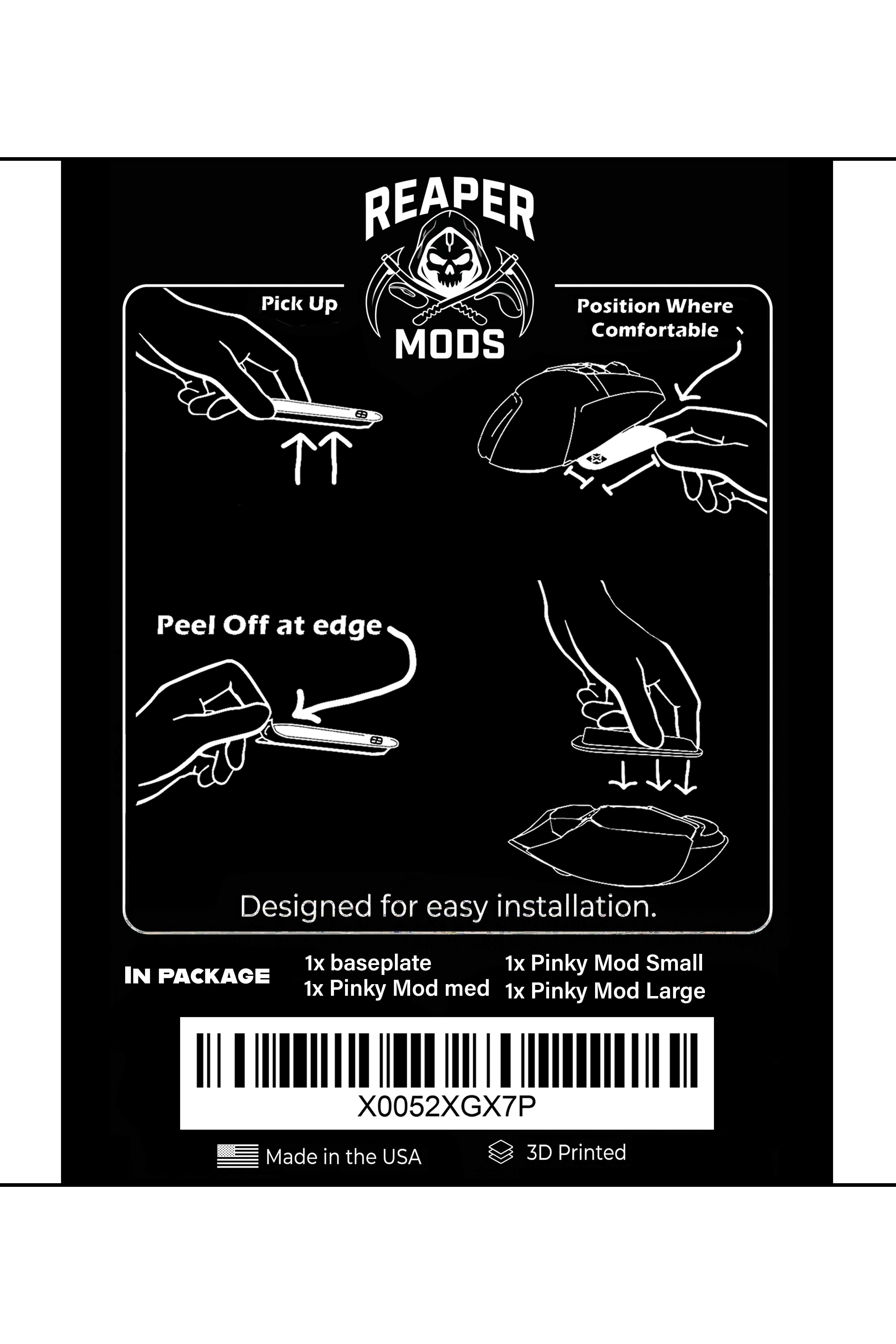 The Reaper Mods install card that ships in every kit — diagrams and what's in the box
